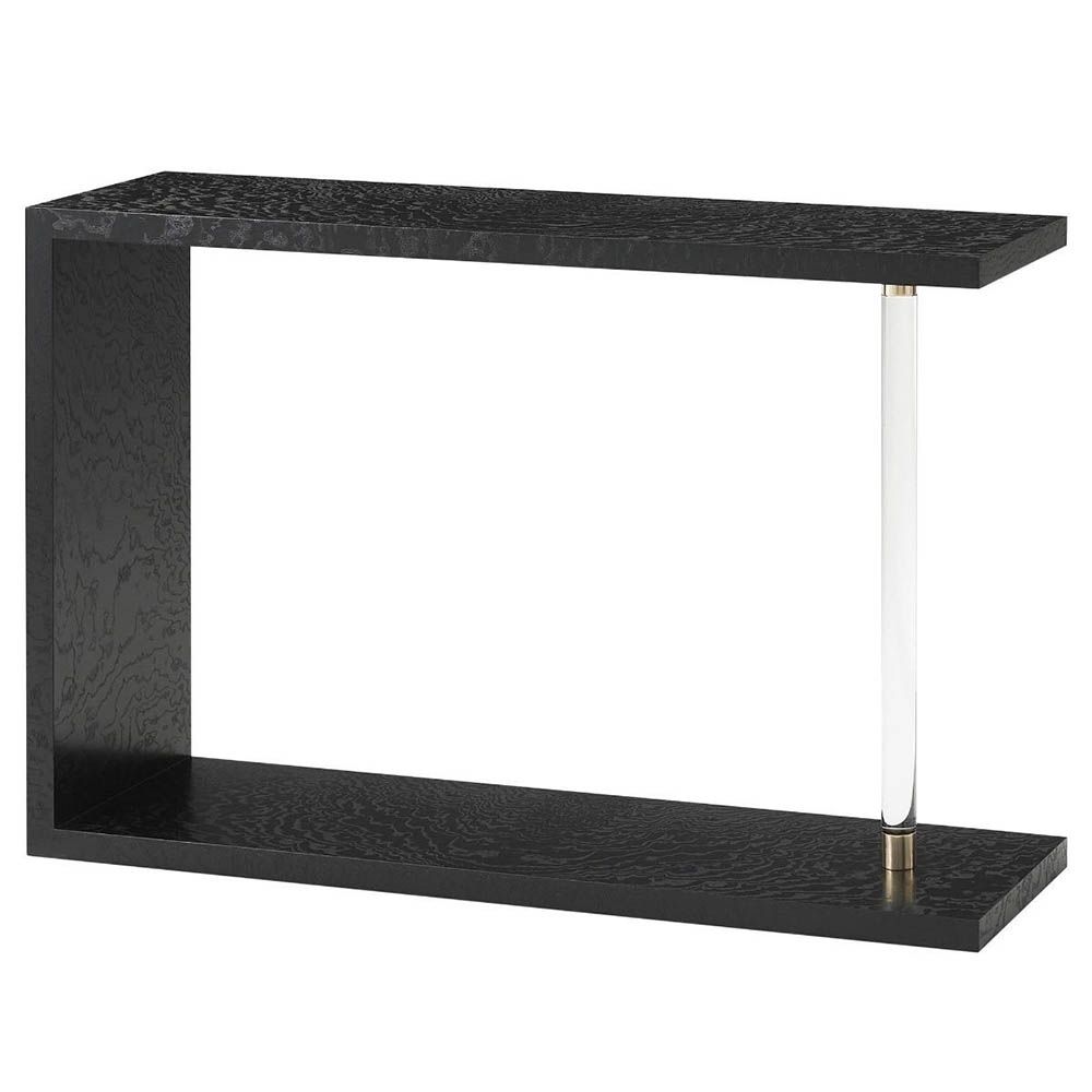 Black wood console table with clear acrylic pole detail