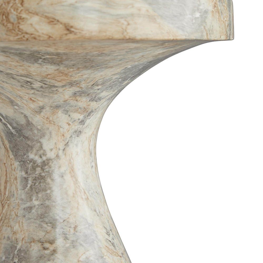 Elegant beige marble side table with slighly hourglass shaped plinth base and round top