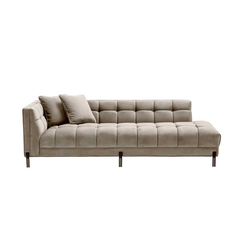 Greige velvet chaise longue sofa with quilted deep stitching 