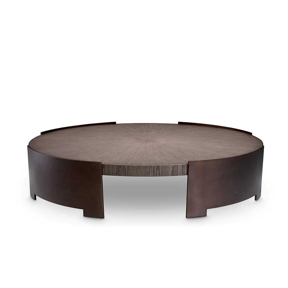 Round coffee table with wooden surface suspended between bronze legs