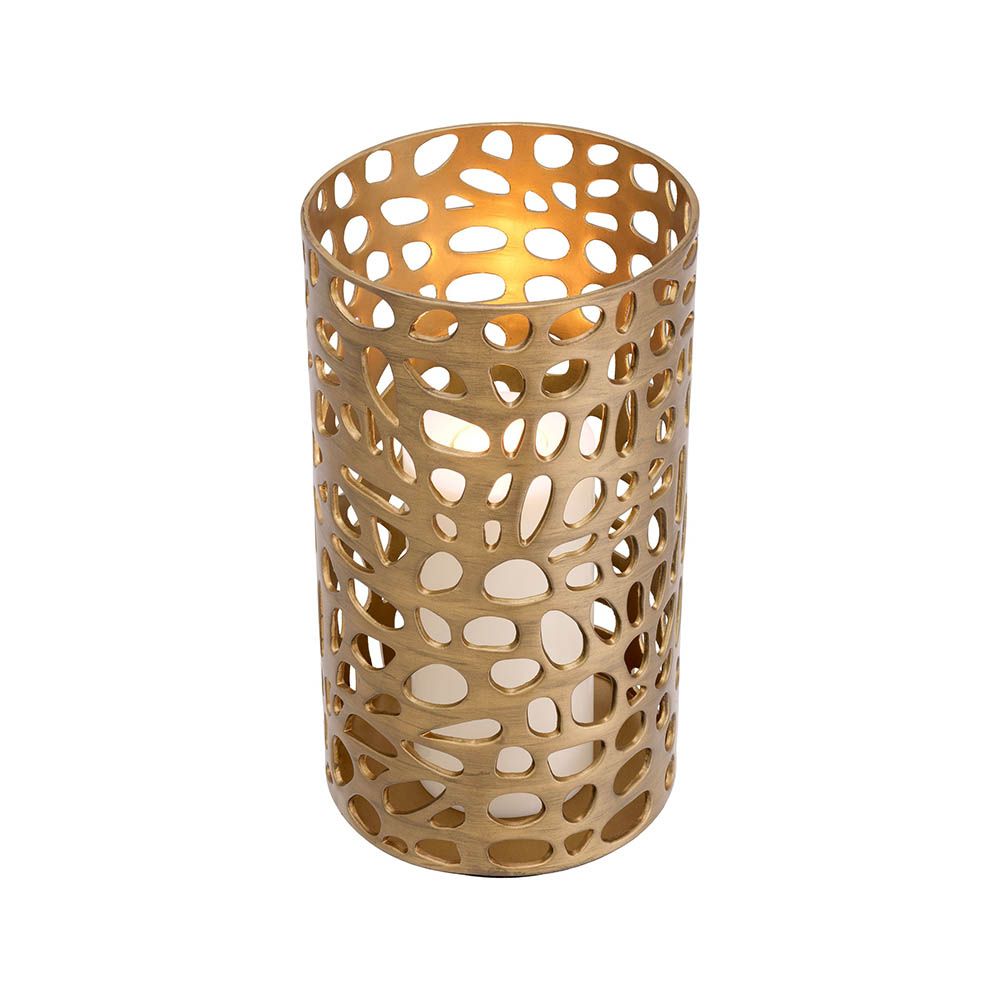 Chic candle holder with hole pattern and brushed brass finish