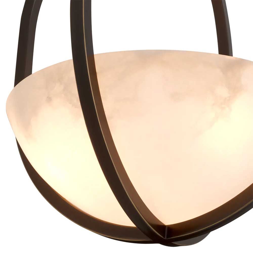 Lantern style bronze ceiling light with alabaster dish shade
