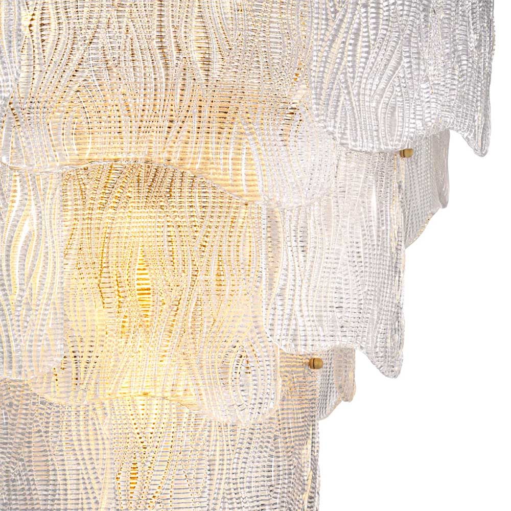 Wave textured glass chandelier with brass accents
