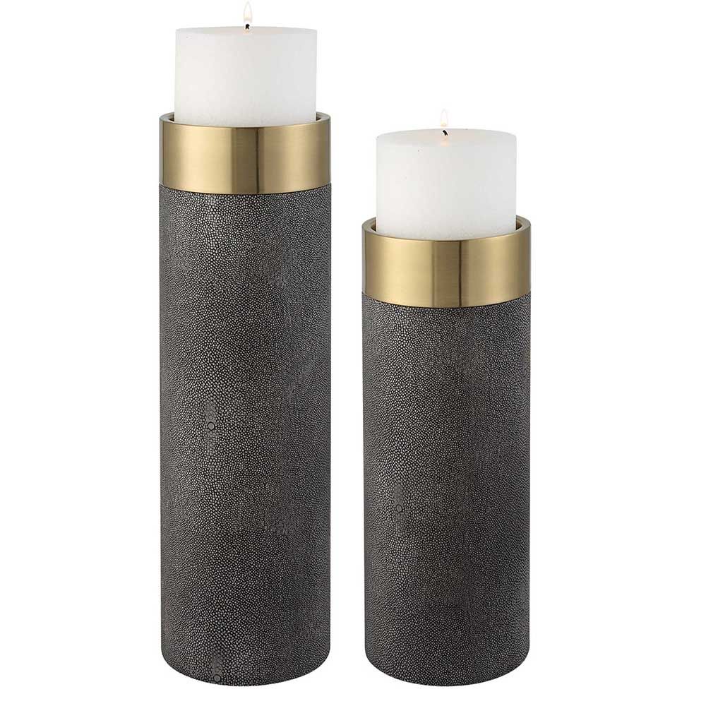 Grey shagreen style candle holders with brass edges