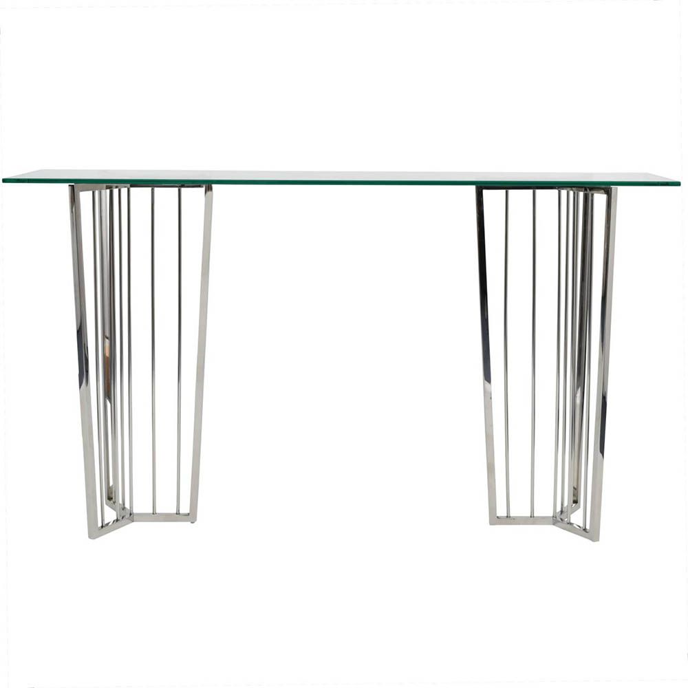 Stainless steel console table with geometric legs and clear glass top