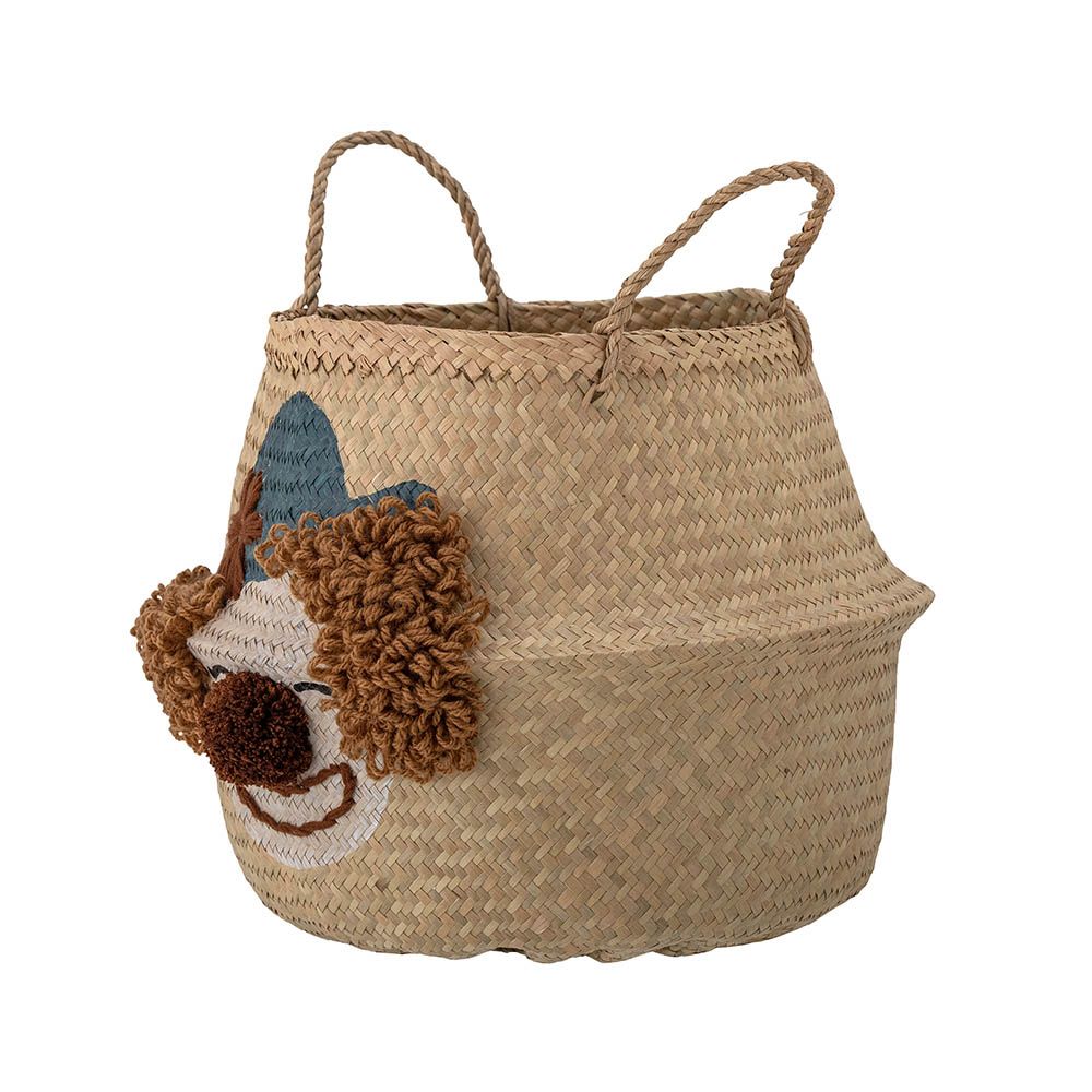 Storage basket with adorable clown illustration and varying textures. 