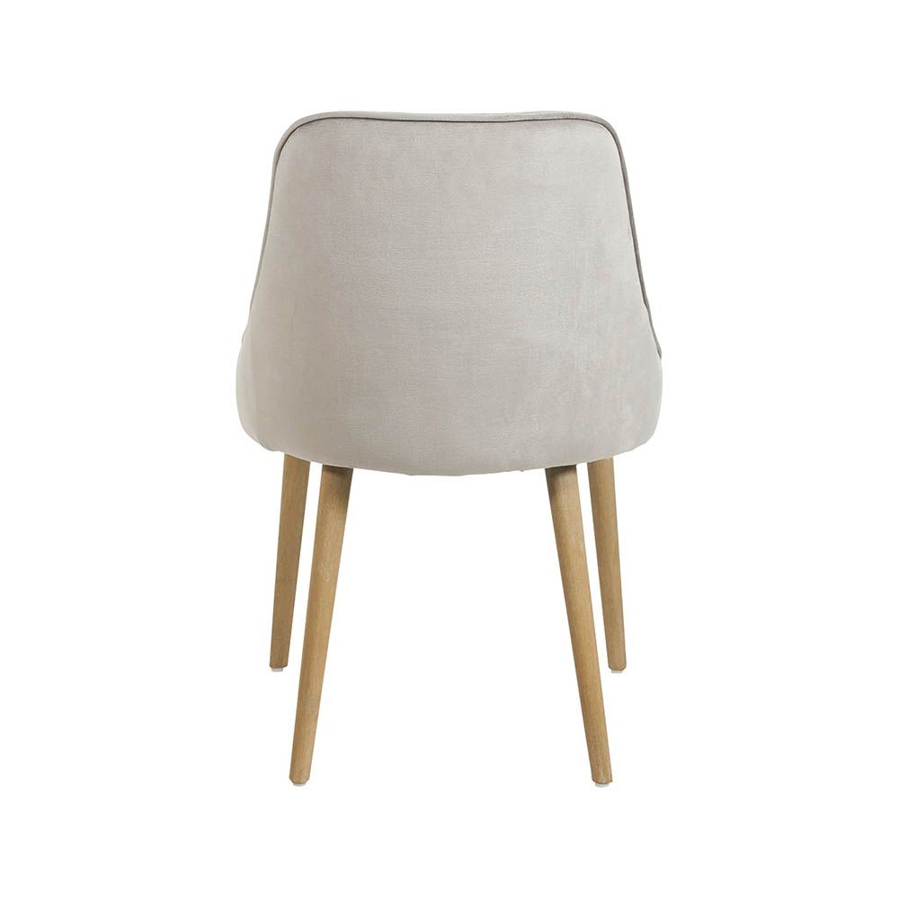 greige velvet chair with wooden legs