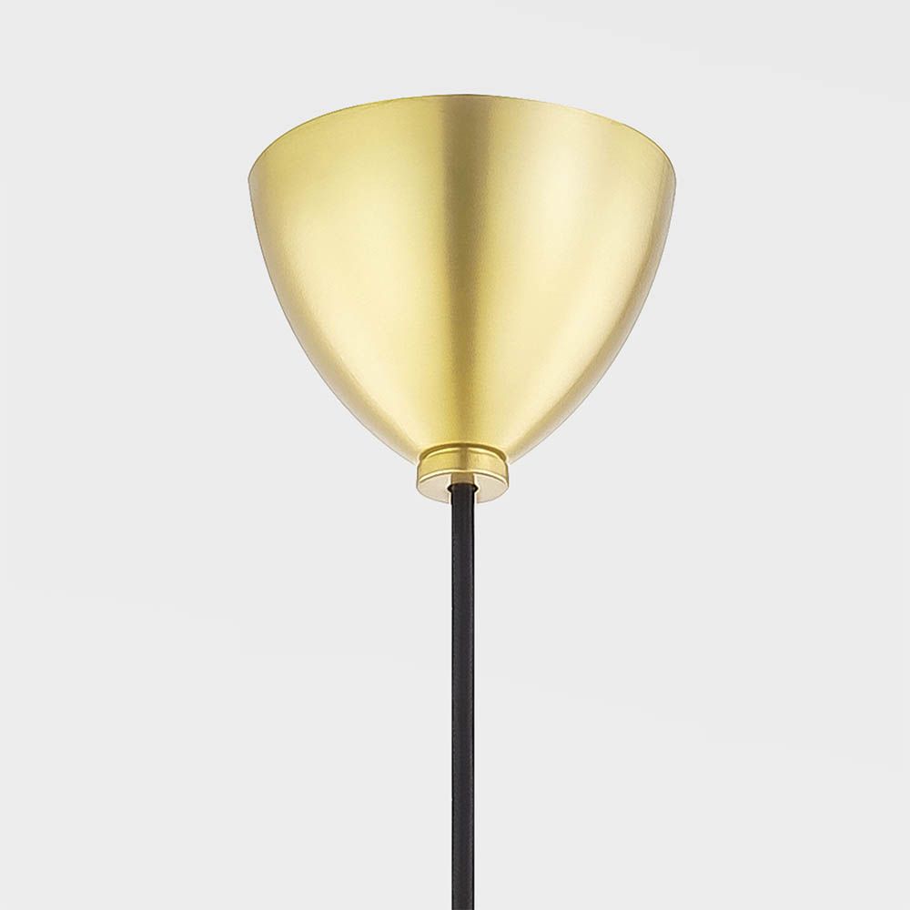 Elegant pendant light with brass conical detail and orb shade