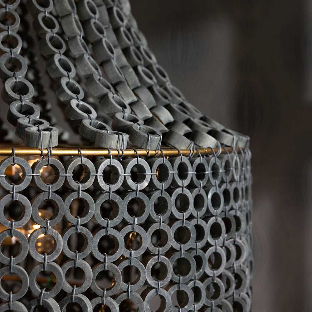 Grey beechwood chandelier with layered hand-carved circular beads 