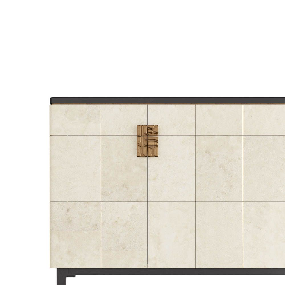 Art deco-inspired credenza wrapped in ivory panelling framed by solid ebony oak