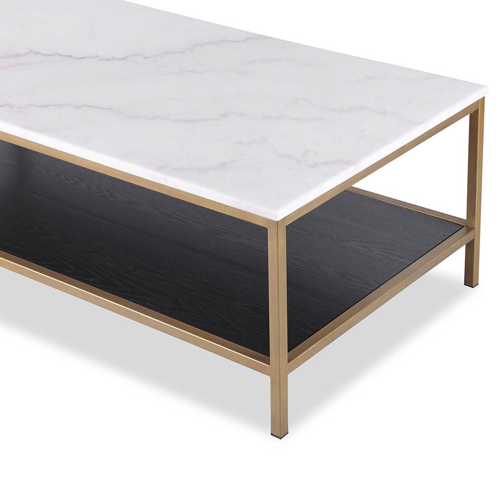 White marble rectangular coffee table with lower wooden shelf