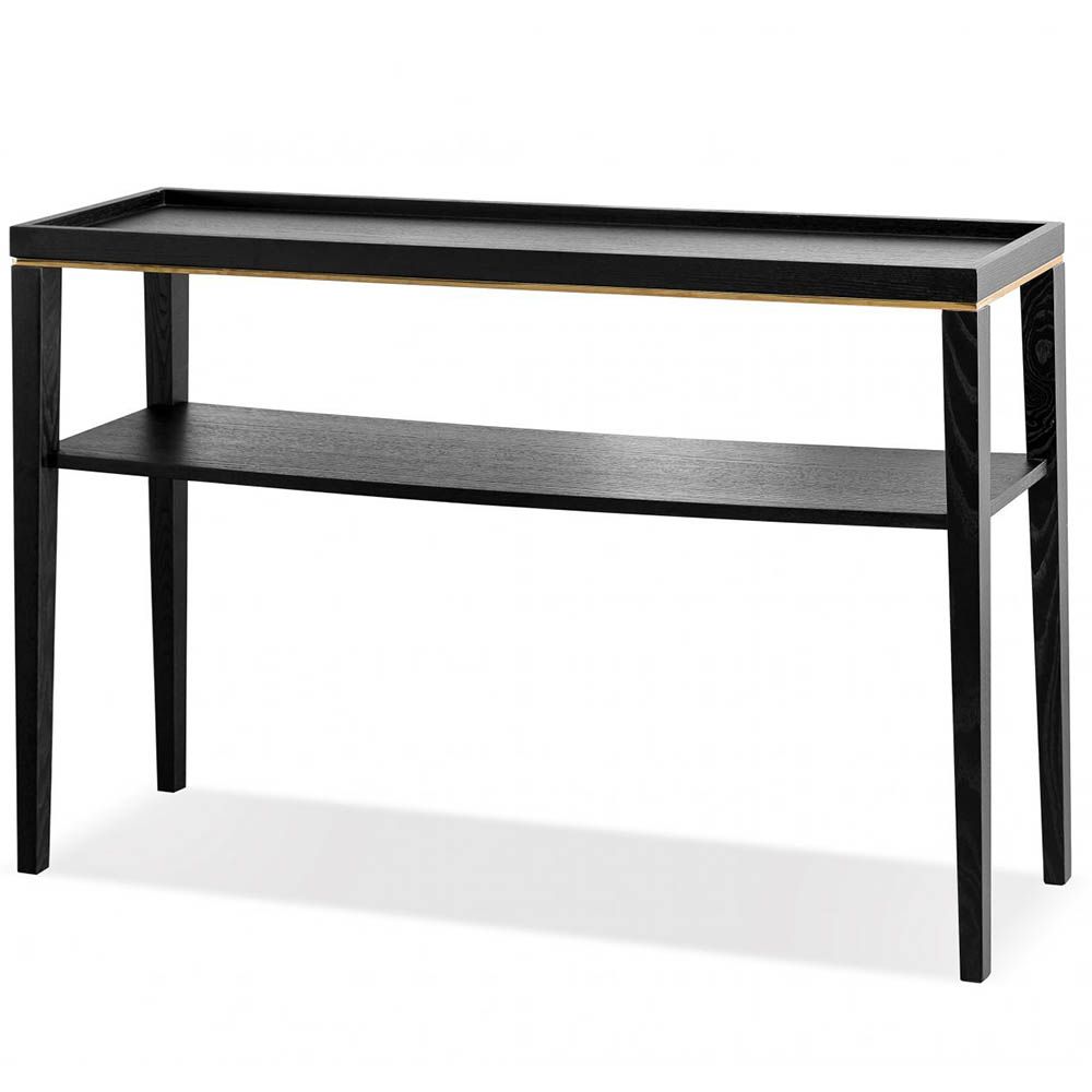 Console table with solid wood legs and finished in a brushed brass 