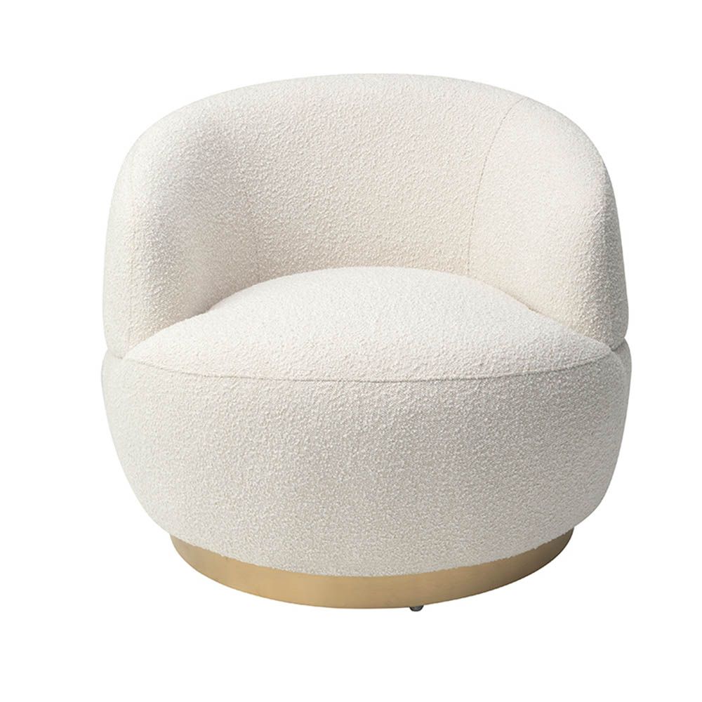 Small and circular boucle sand swivel chair with rounded edges and brass base
