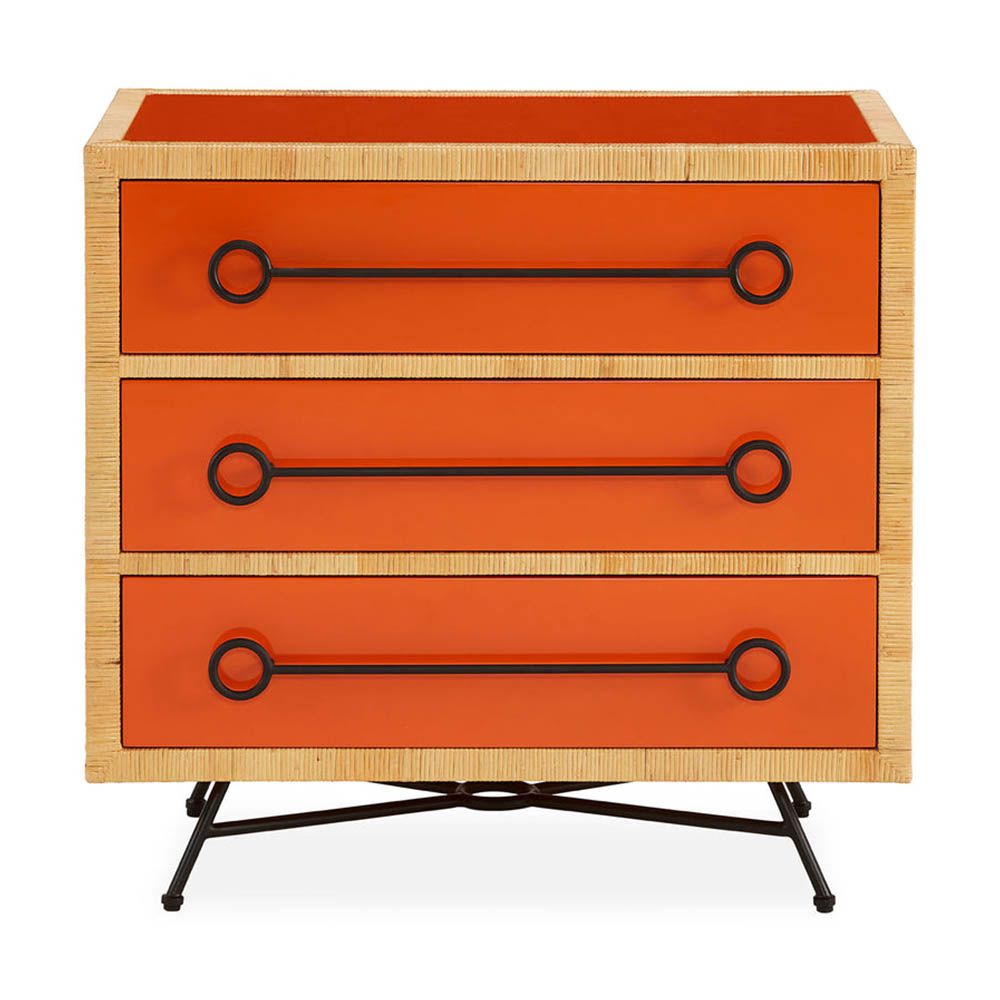 Red and orange chest of three drawers with rattan edges