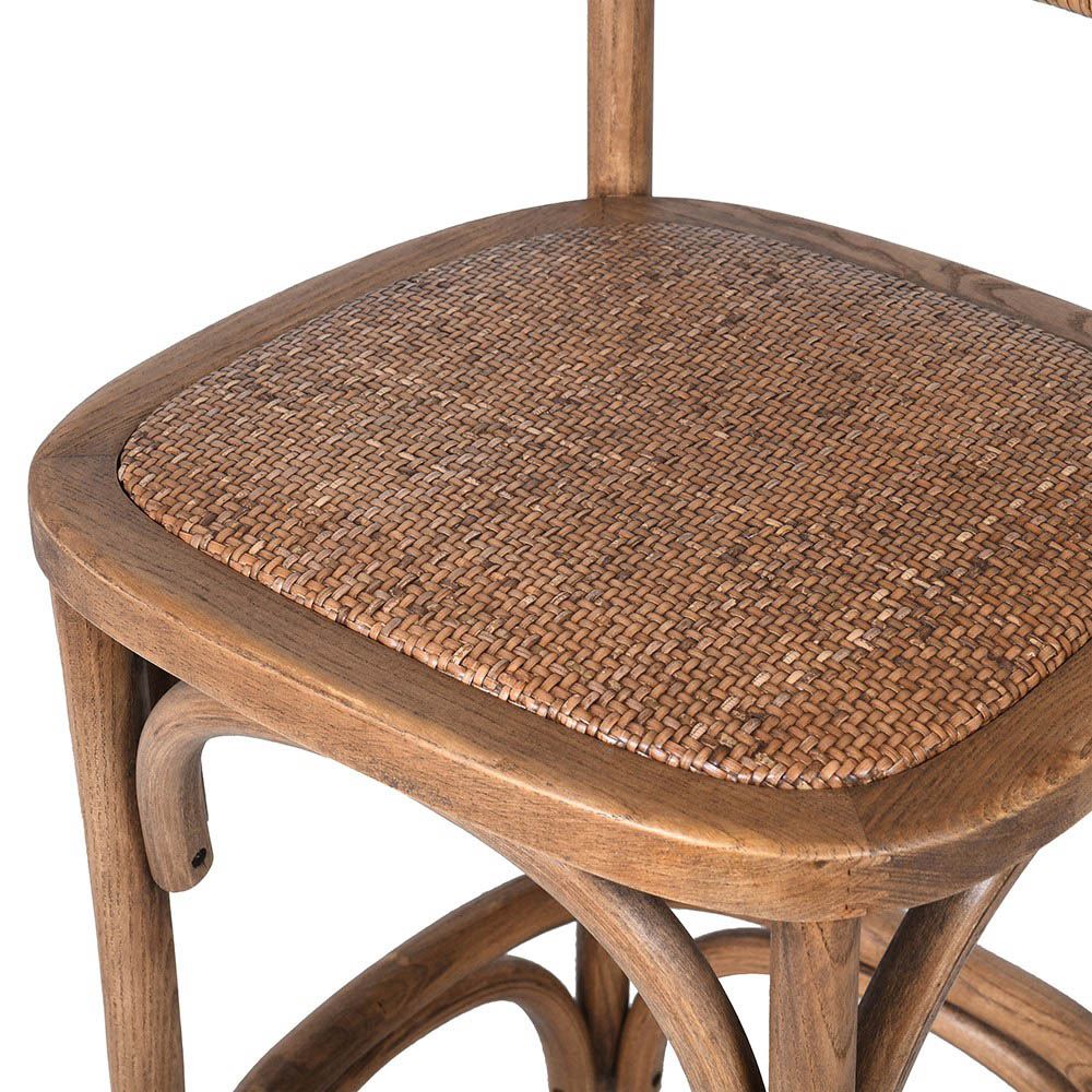 wood and rattan barchair with arching shapes in base