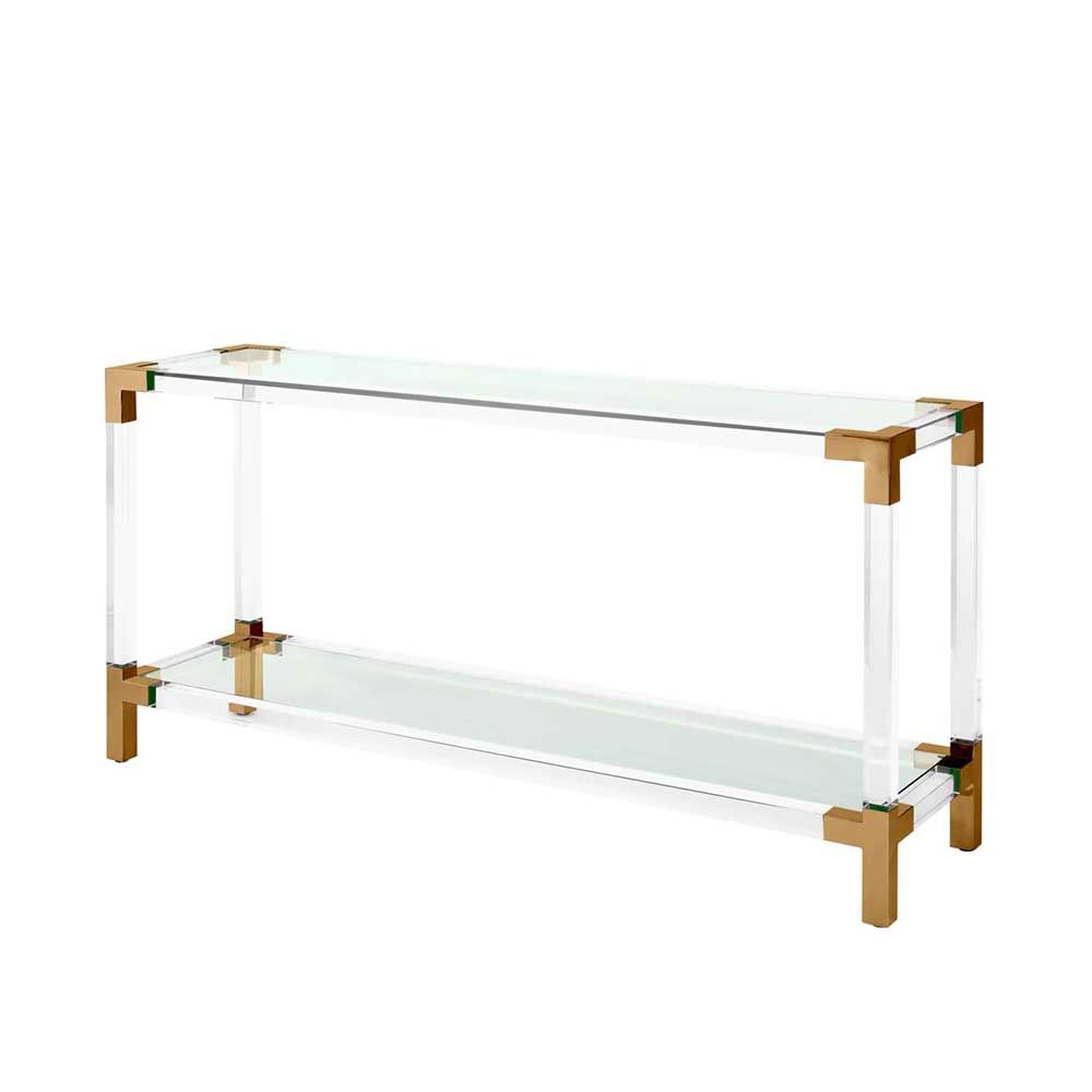 Clear framed console table with glass panels and brass edges
