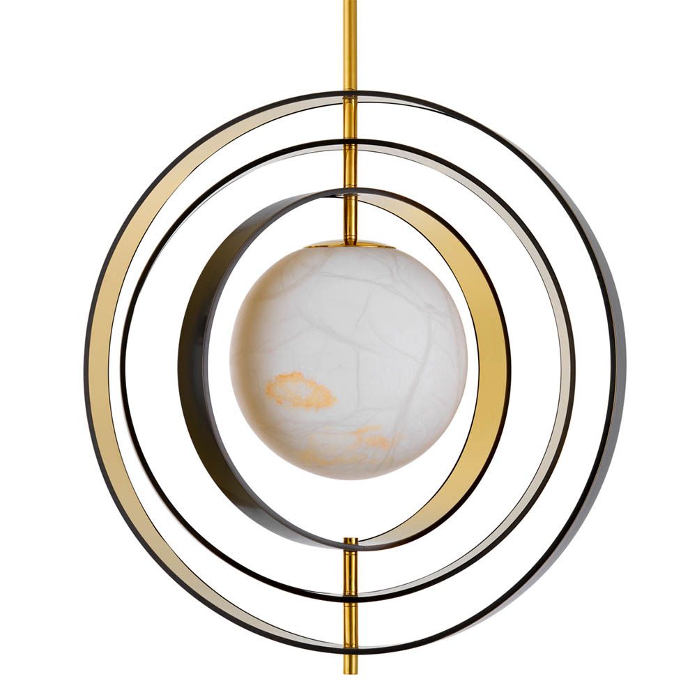 Pearl-like alabaster shade surrounded by four metal rings with bronze highlight finish