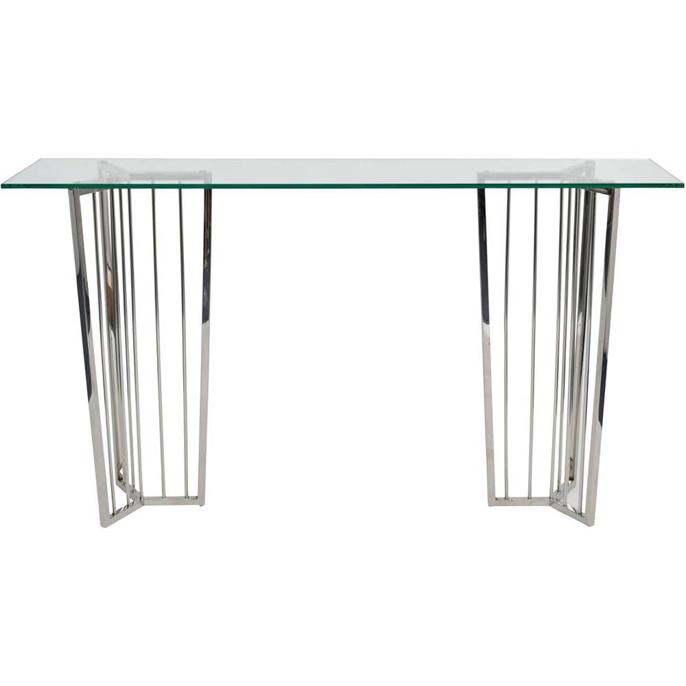 Stainless steel console table with geometric legs and clear glass top
