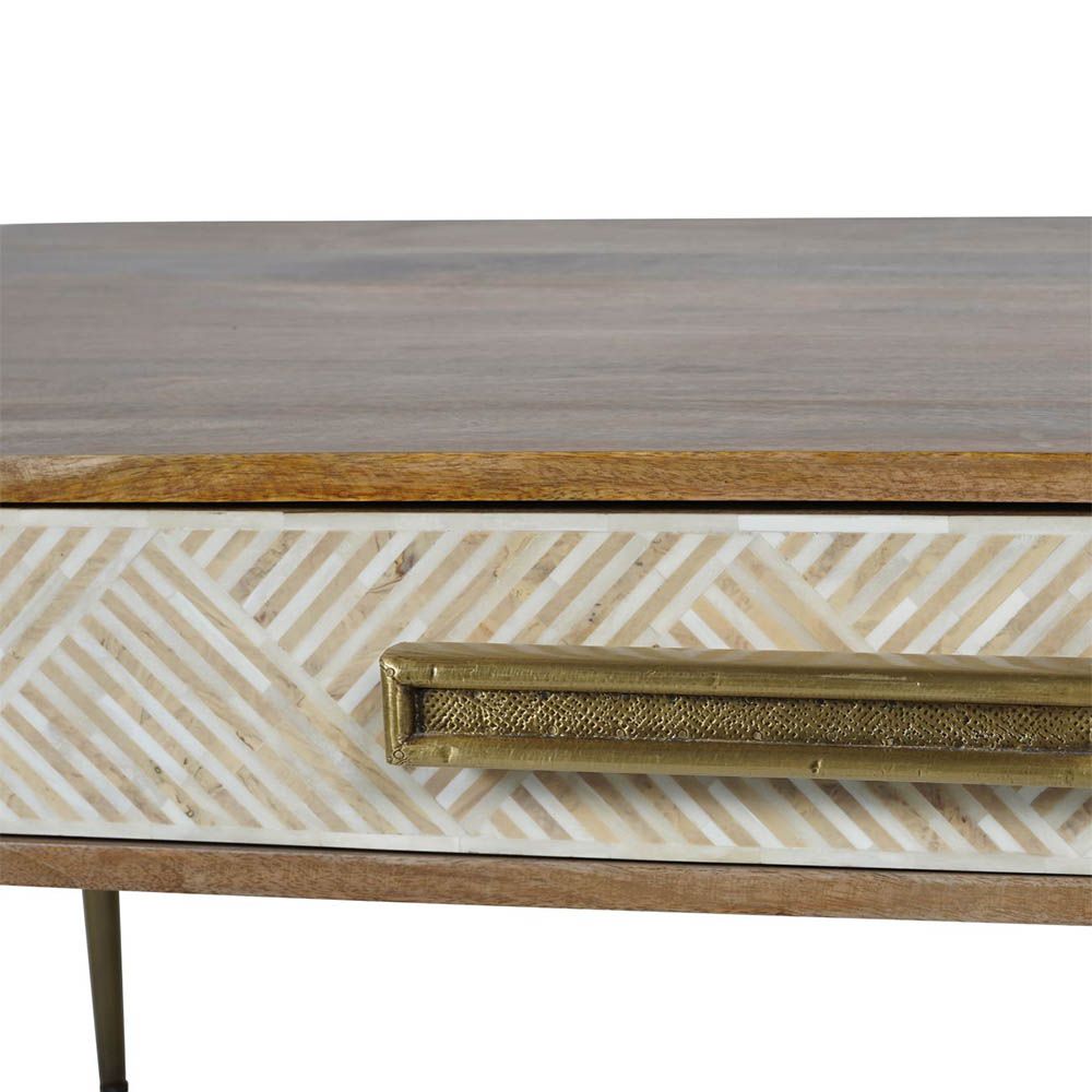 stunning natural wood coffee table with a drawer for extra storage and decorative detailing