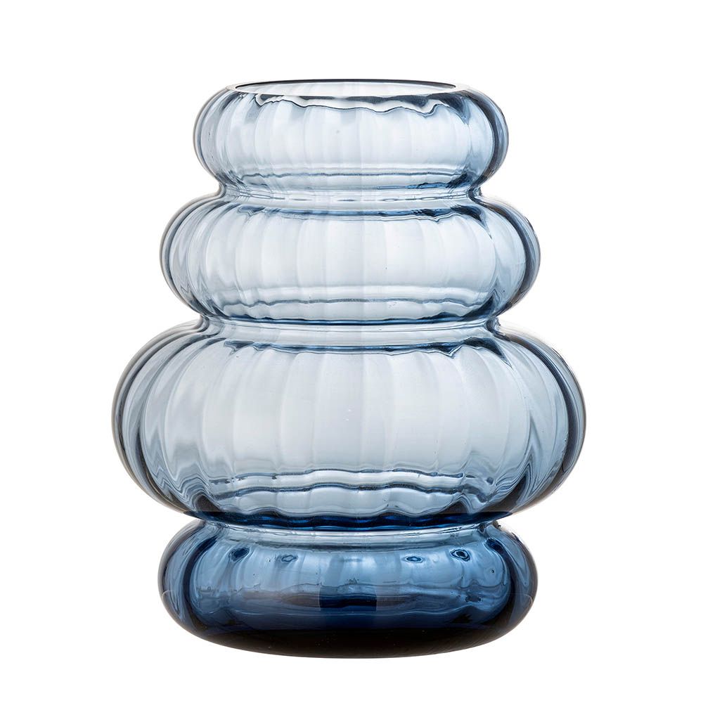 Blue coloured glass vase in curved design
