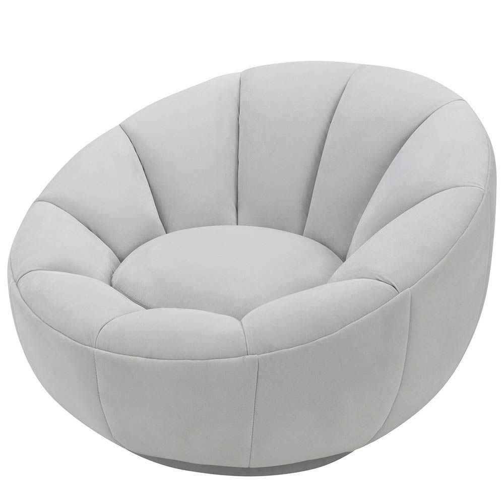Statement grey velvet swivel chair with enveloping shell-shaped backrest 