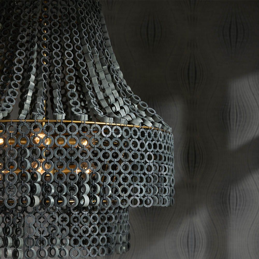 Grey beechwood chandelier with layered hand-carved circular beads 