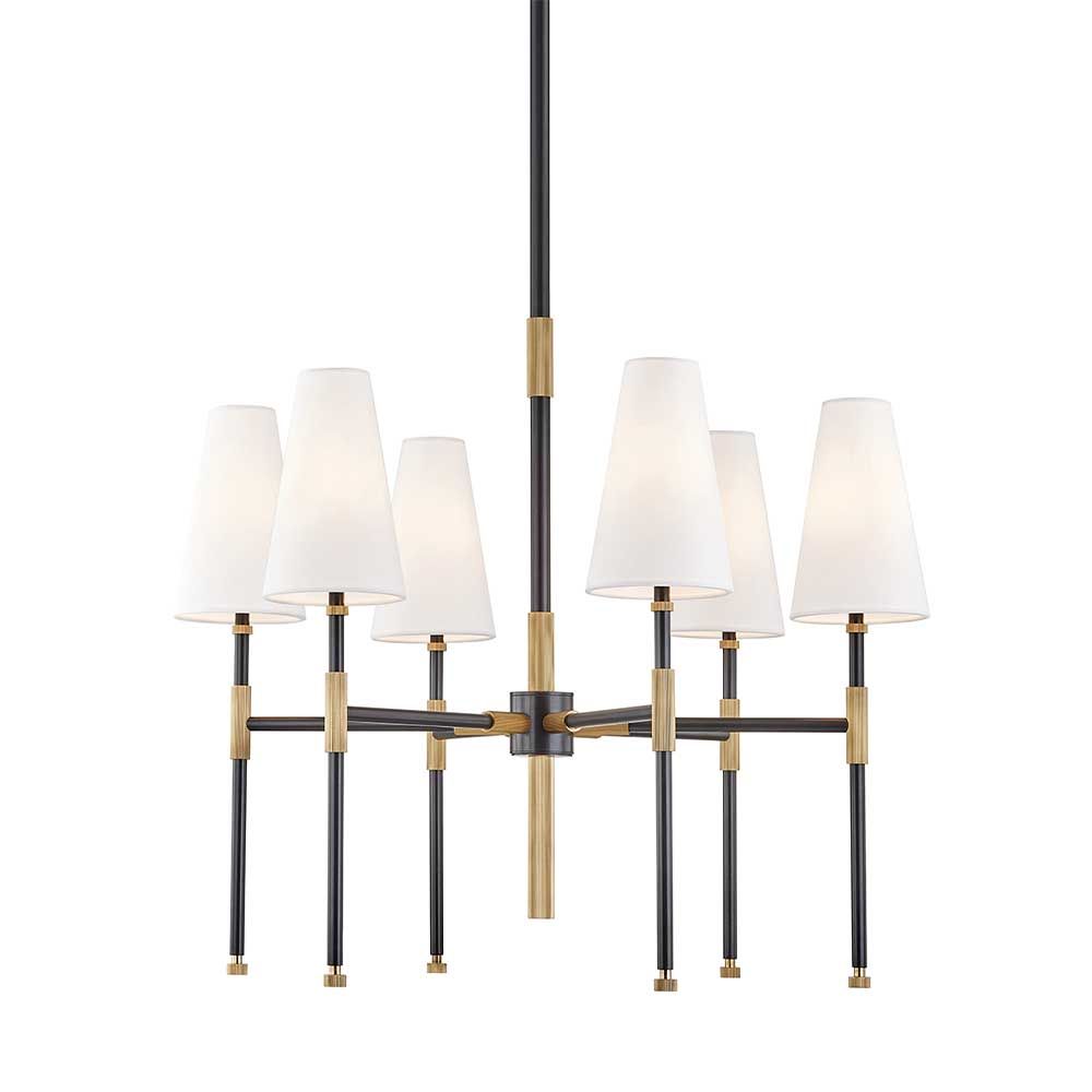 Glamorous six-light chandelier with brass accents and conical shades