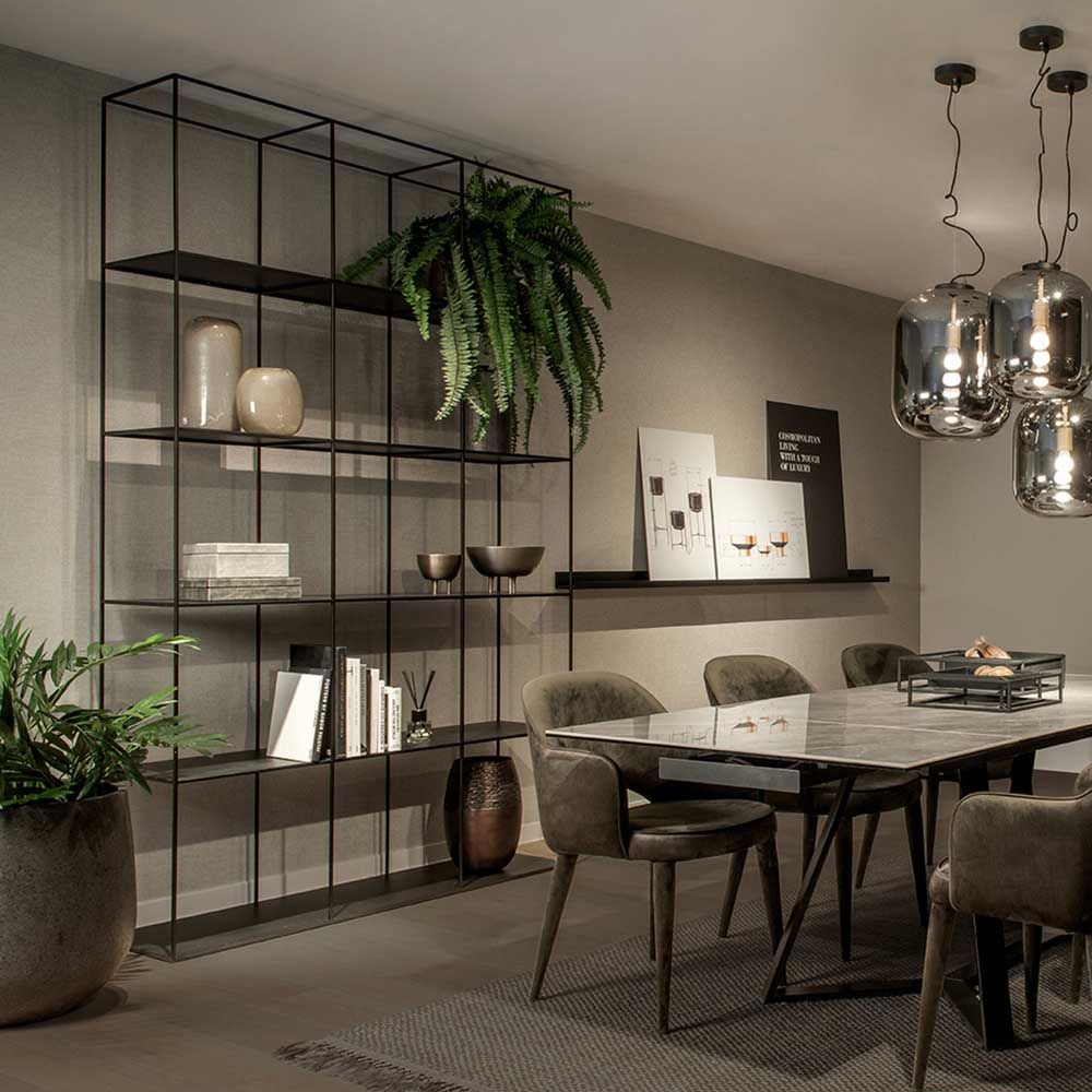 metal shelving with a painted satin black finish