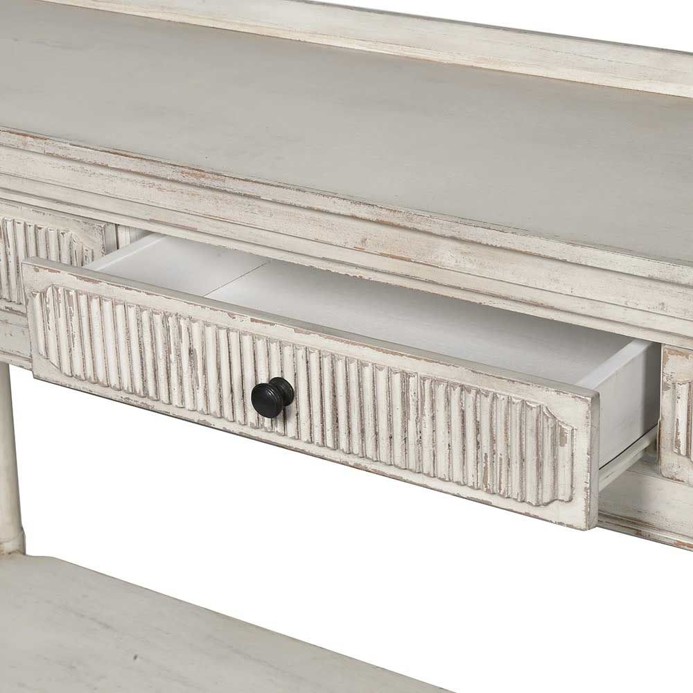 cream finish console table with 3 ribbed drawers