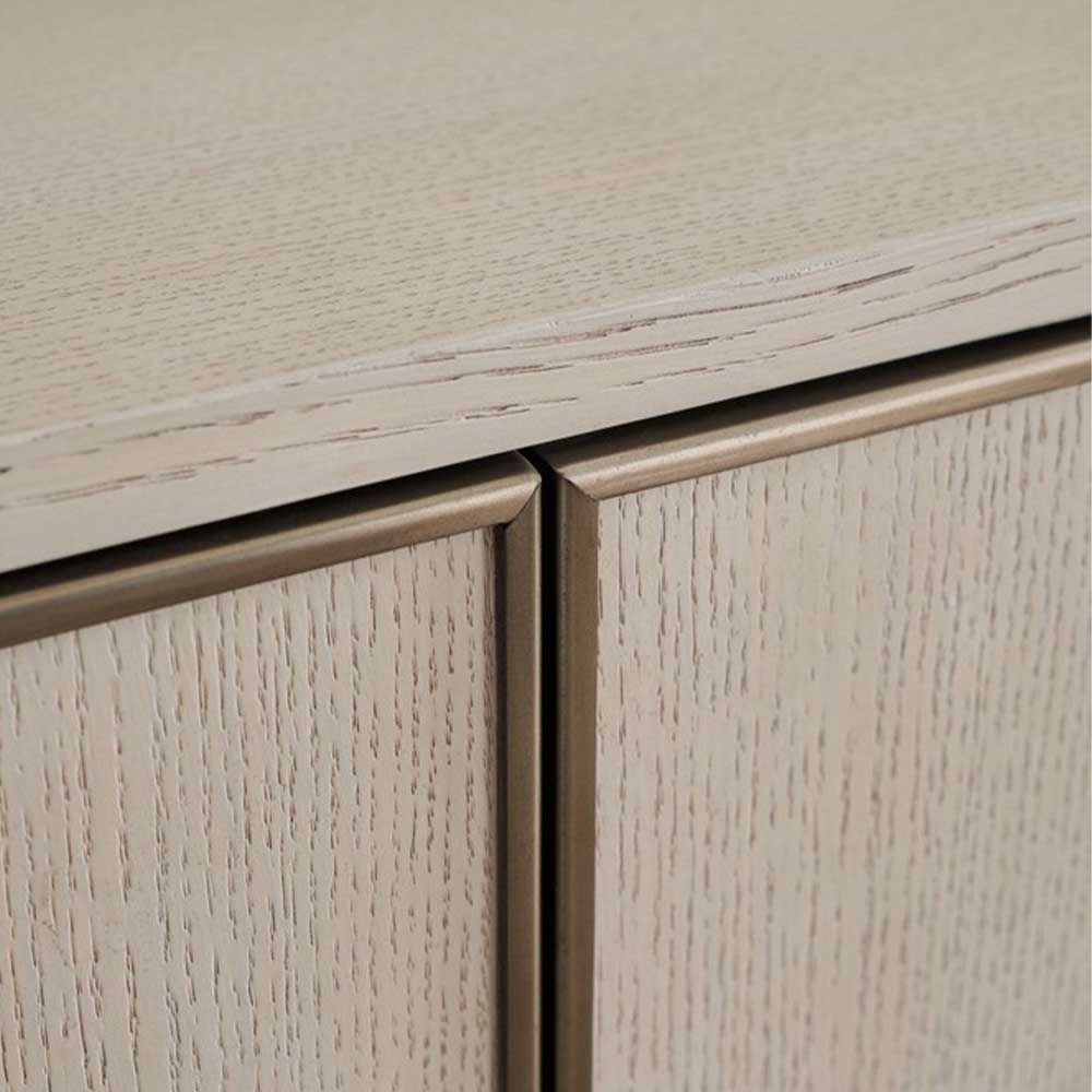 White oak cabinet with accent lines and metal sled base