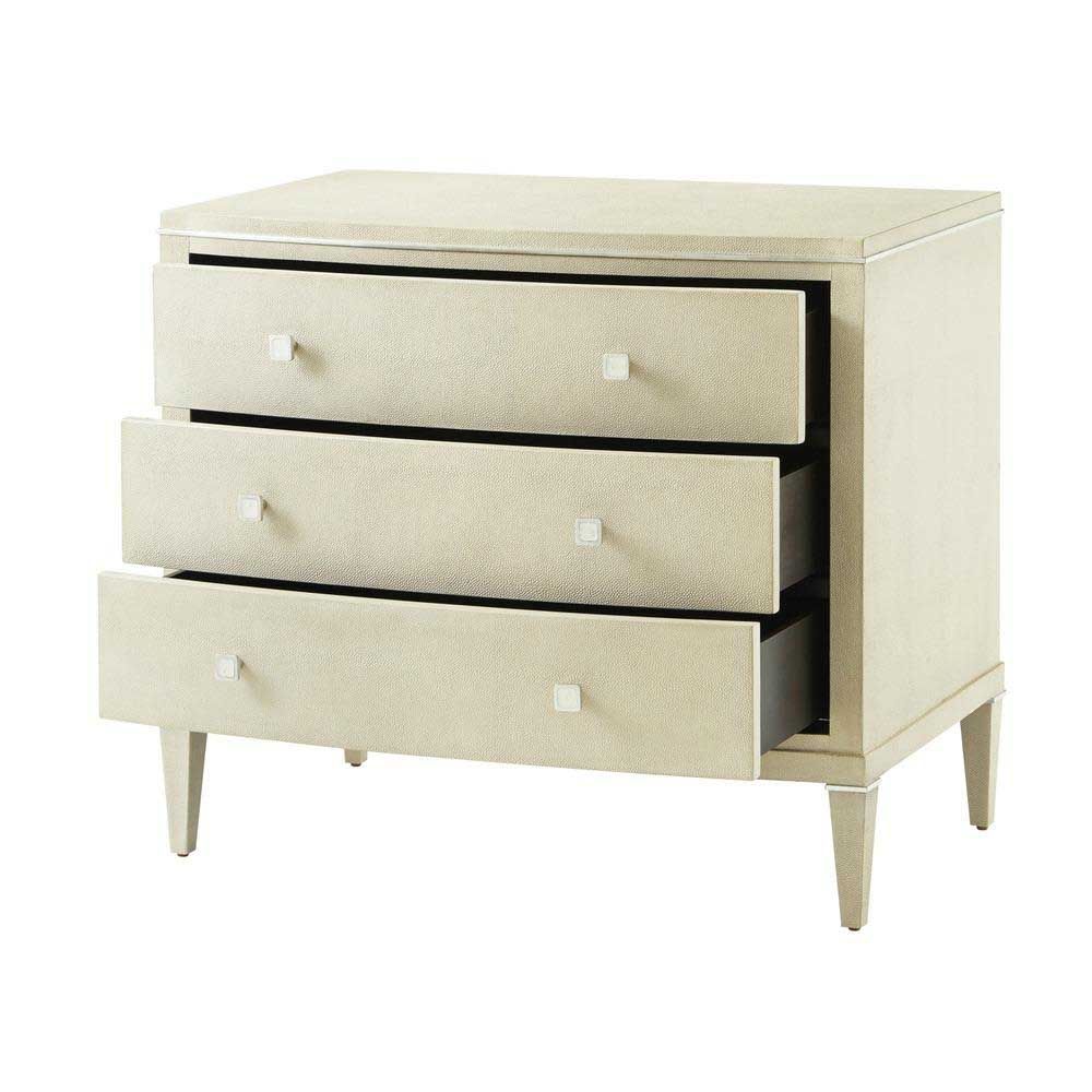 Cream coloured, shagreen effect bedside table with three drawers