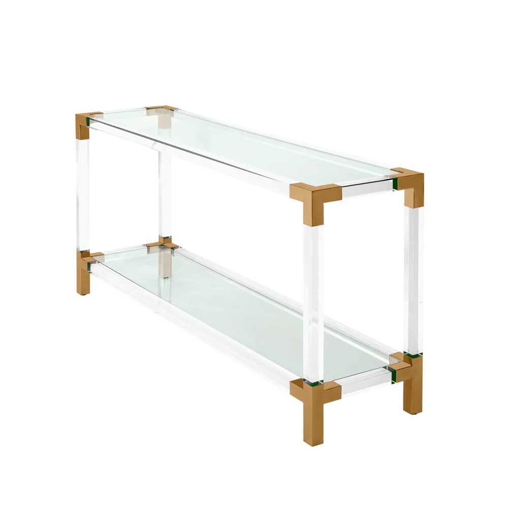 Clear framed console table with glass panels and brass edges