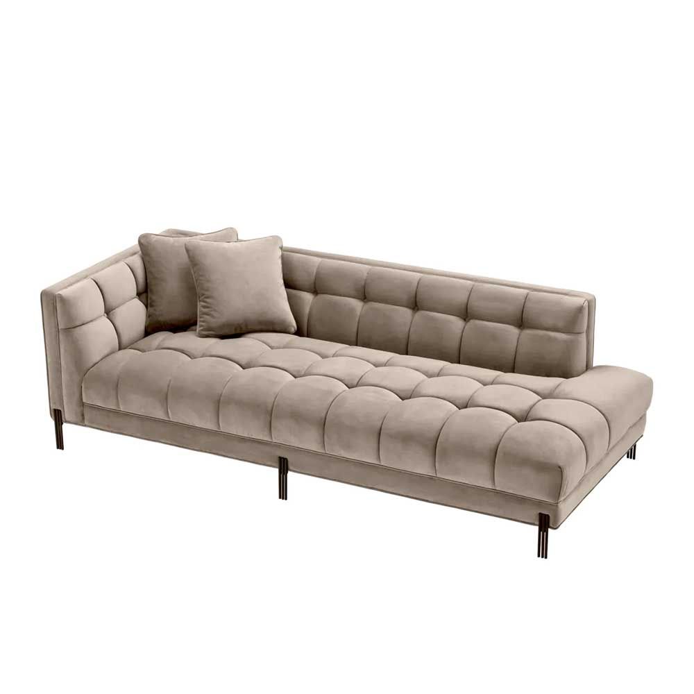 Greige velvet chaise longue sofa with quilted deep stitching 