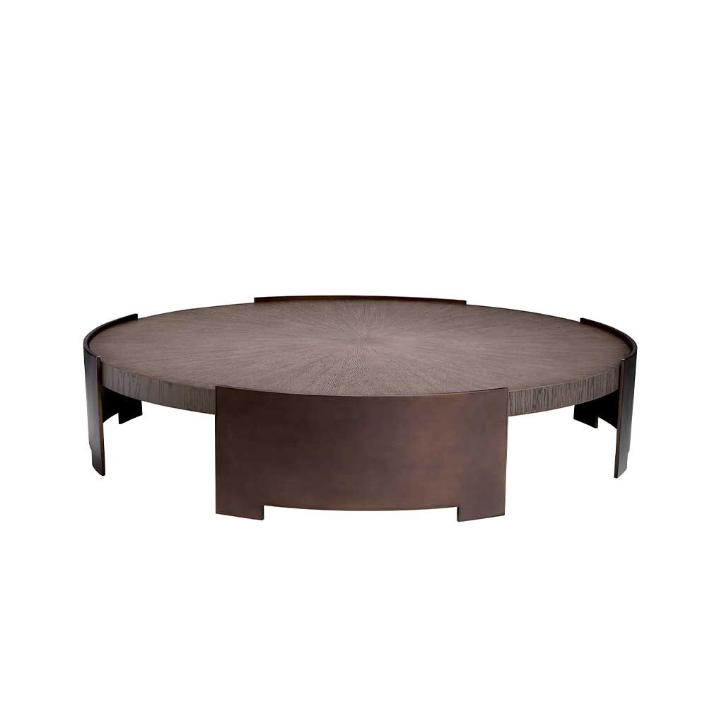 Round coffee table with wooden surface suspended between bronze legs
