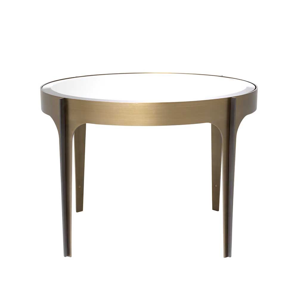 Round side table with brass frame and bevelled glass surface