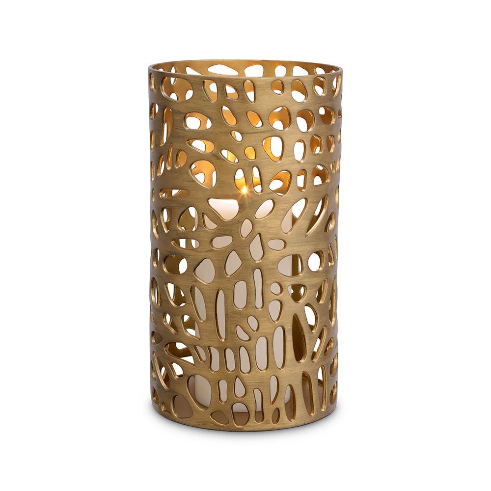 Chic candle holder with hole pattern and brushed brass finish