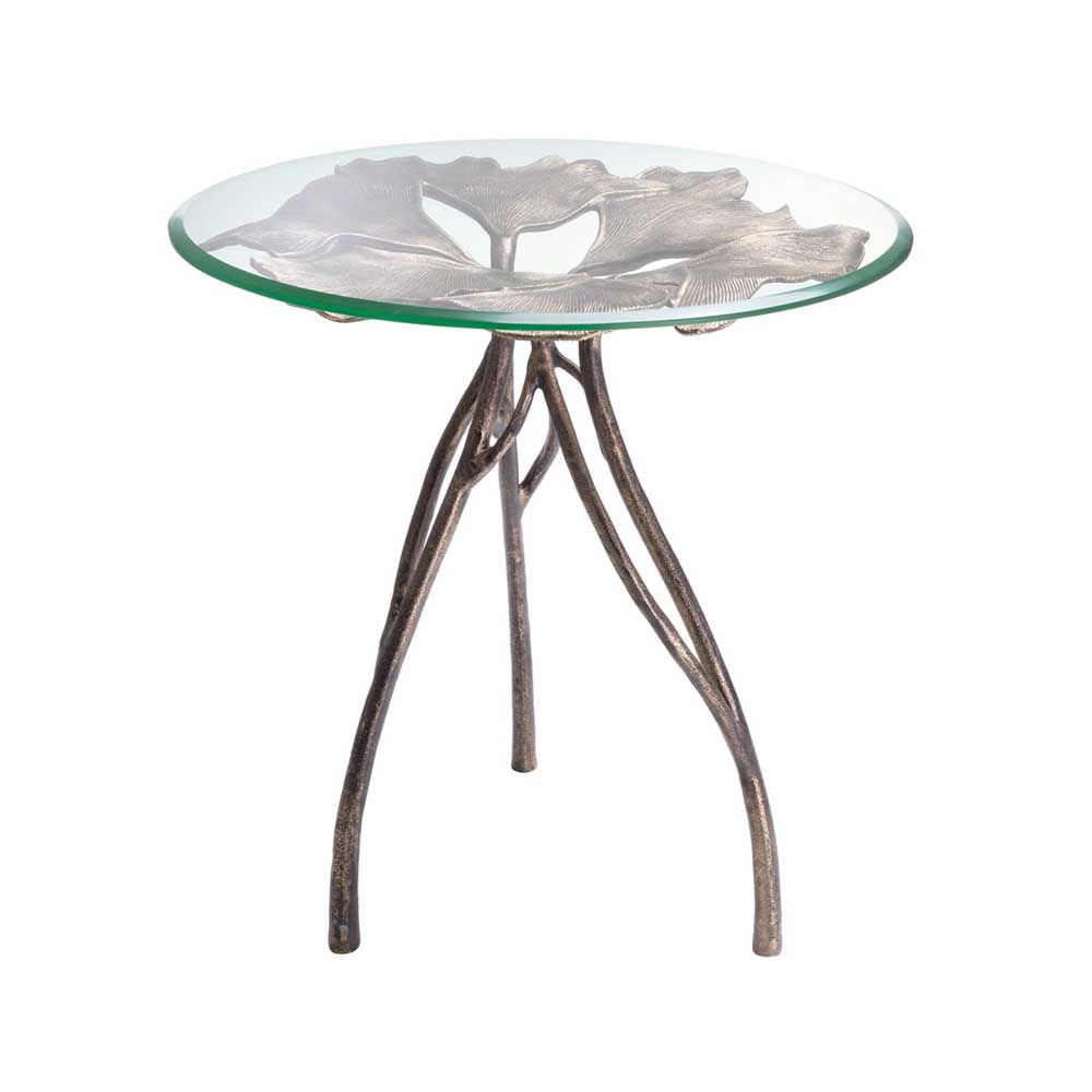 glass top side table with leaf silhouette