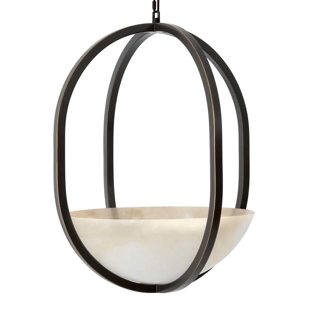 Lantern style bronze ceiling light with alabaster dish shade