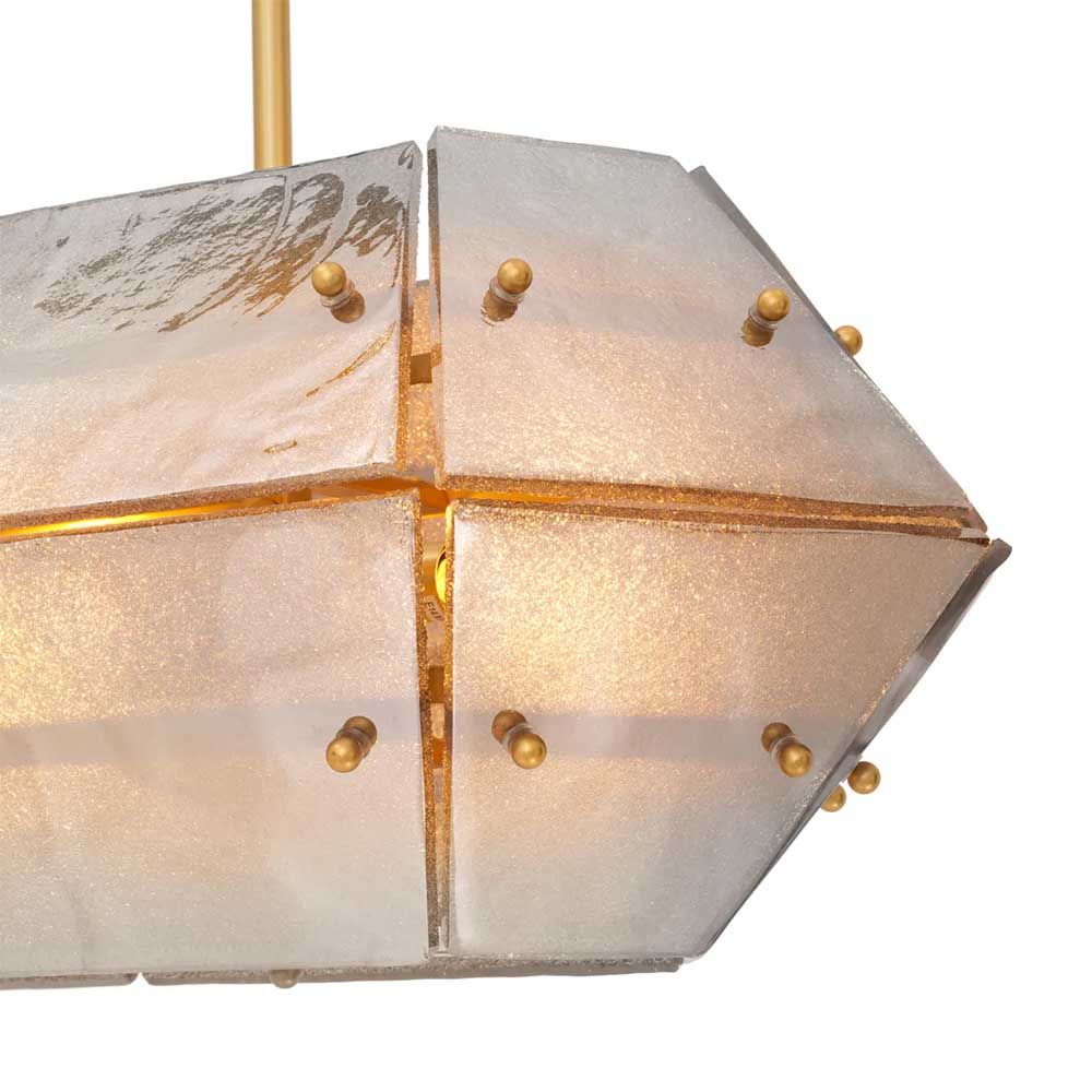 Handmade glass panels with an antique brass finish cast a warm, ambient glow.