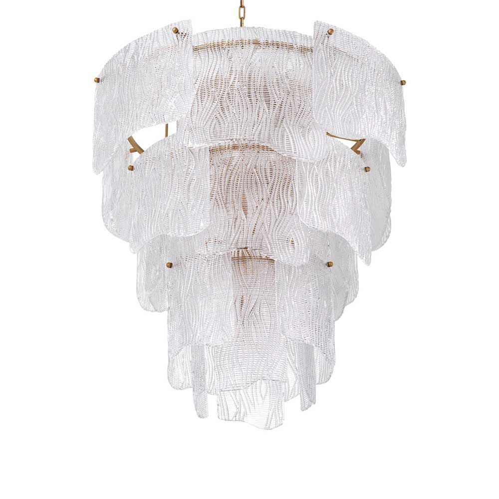 Wave textured glass chandelier with brass accents