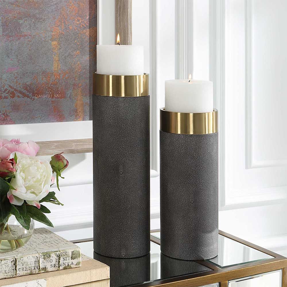 Grey shagreen style candle holders with brass edges