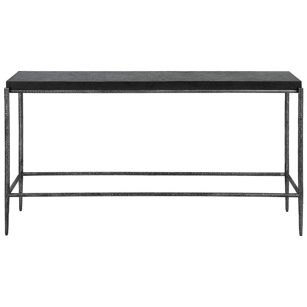 Minimalist console table with hammered texture and shiny black finish