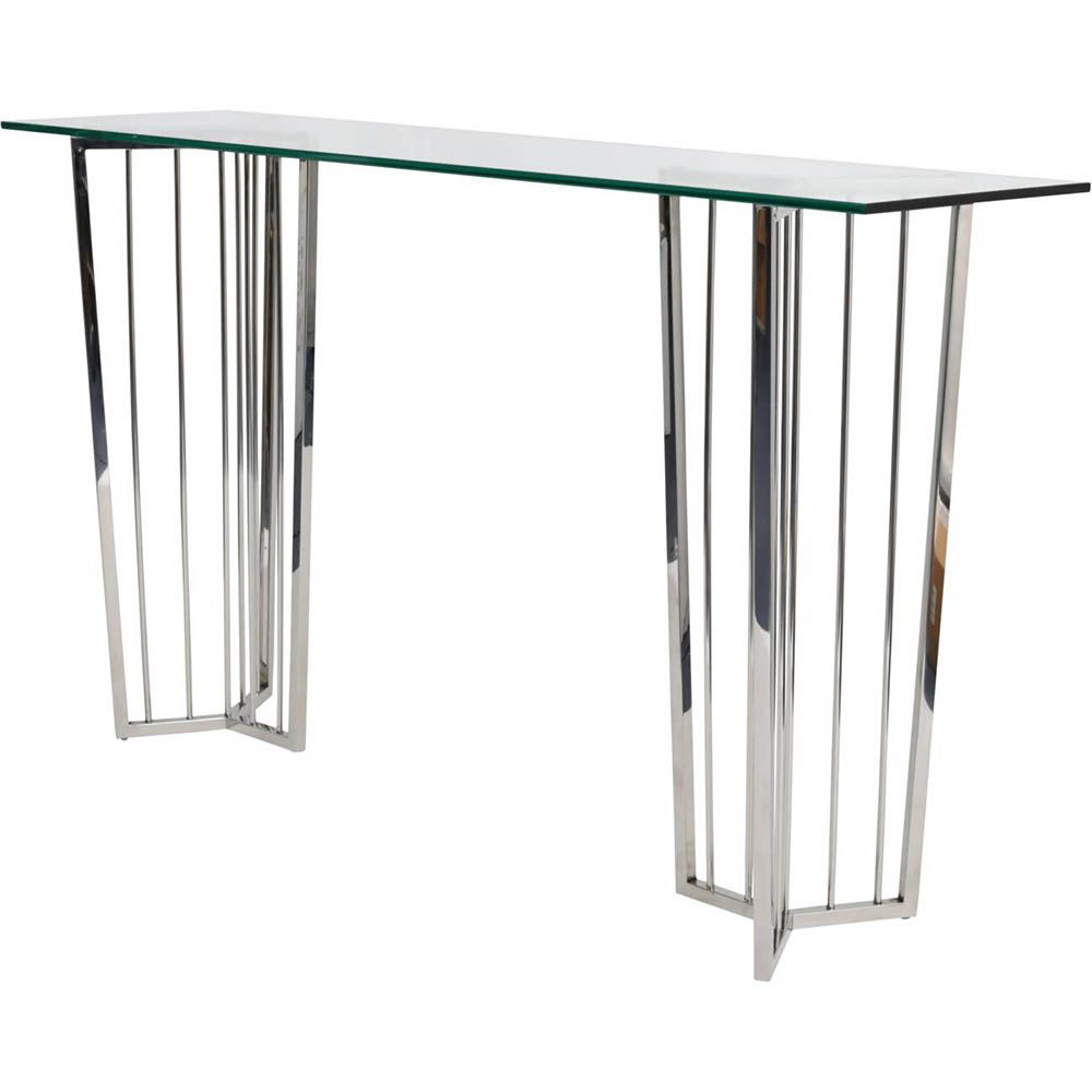 Stainless steel console table with geometric legs and clear glass top