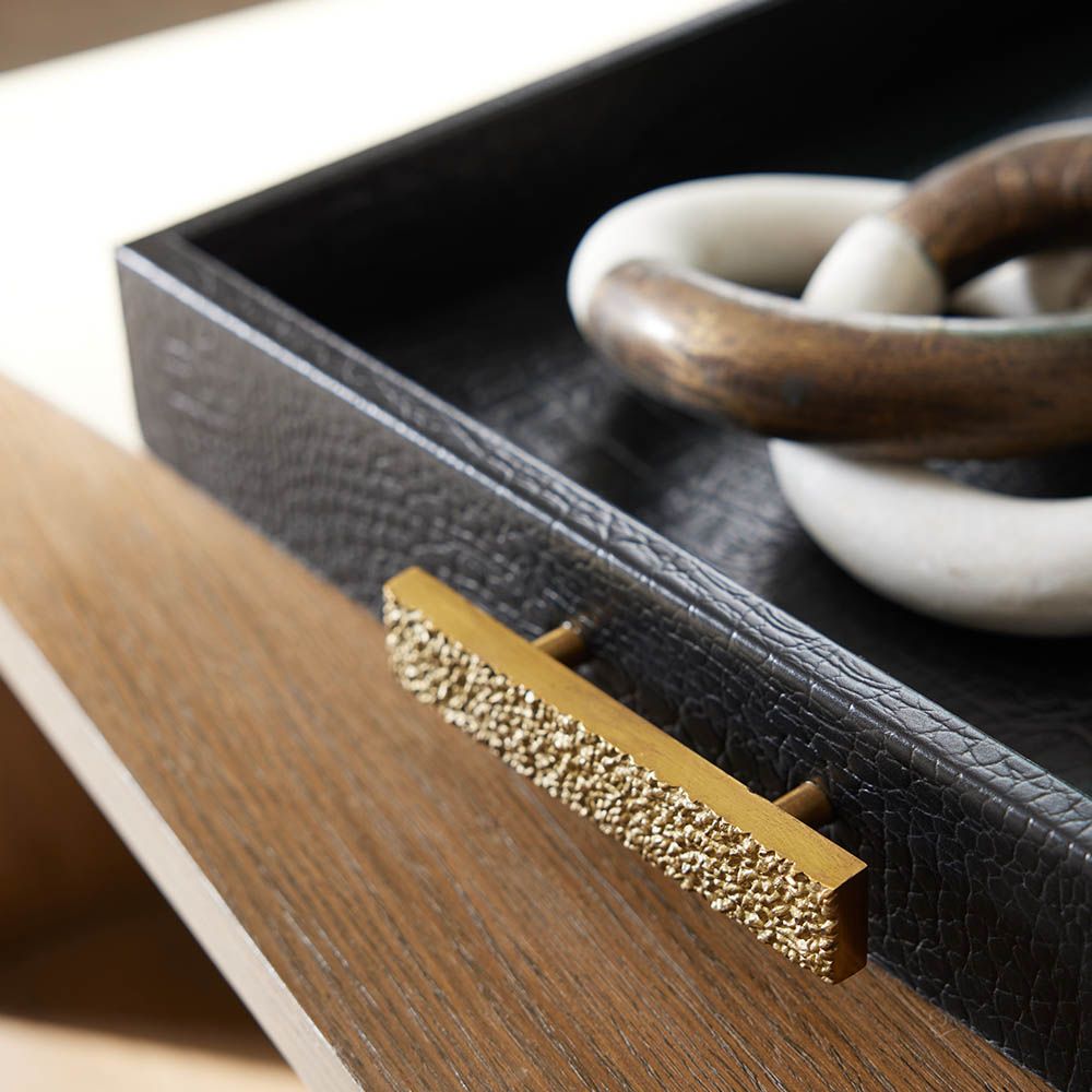 Leather-wrapped black tray with brass handles