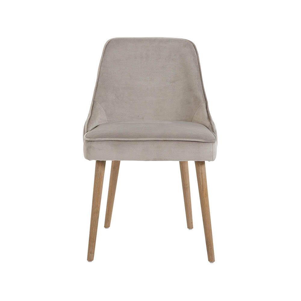 greige velvet chair with wooden legs