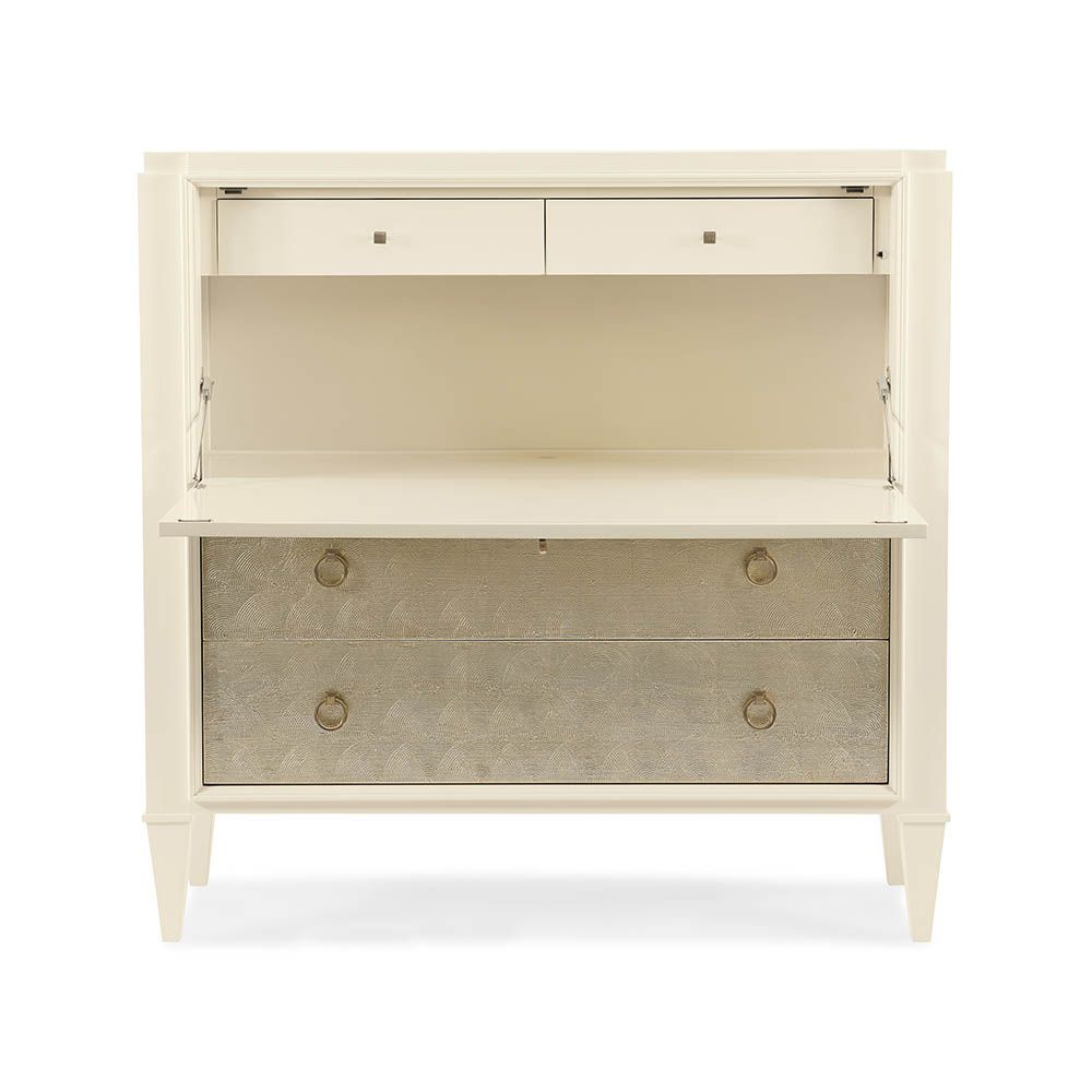 Elegant bureau with drop down desk and ivory/gold drawers for storage