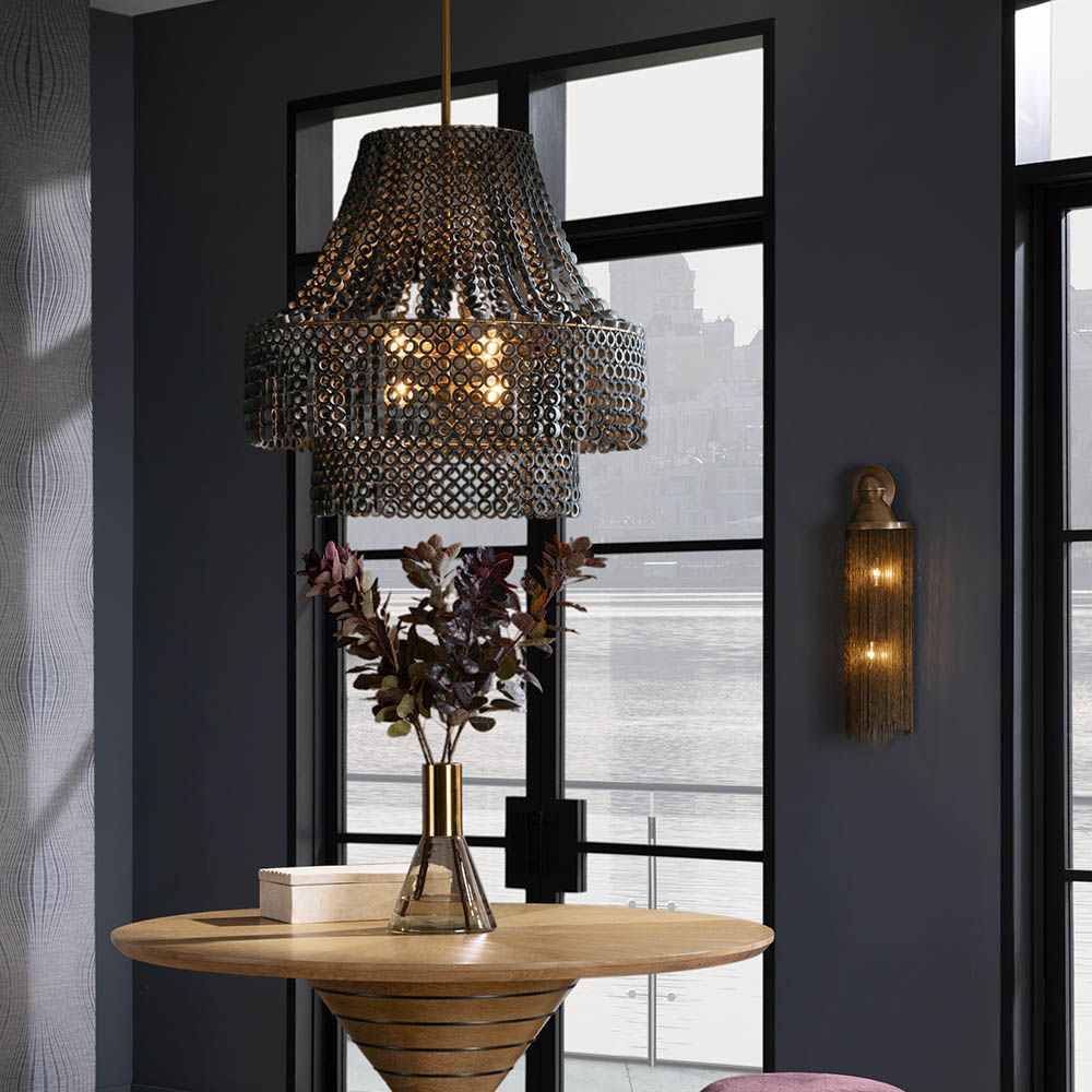 Grey beechwood chandelier with layered hand-carved circular beads 
