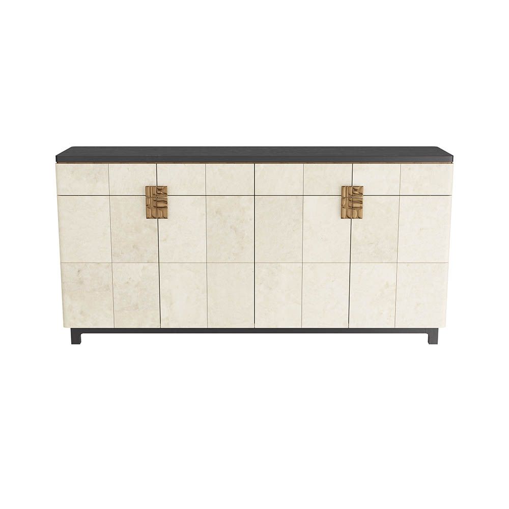 Art deco-inspired credenza wrapped in ivory panelling framed by solid ebony oak