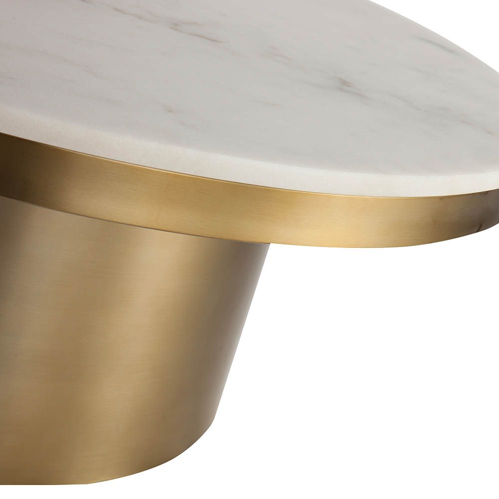 Round brass coffee table with white marble top