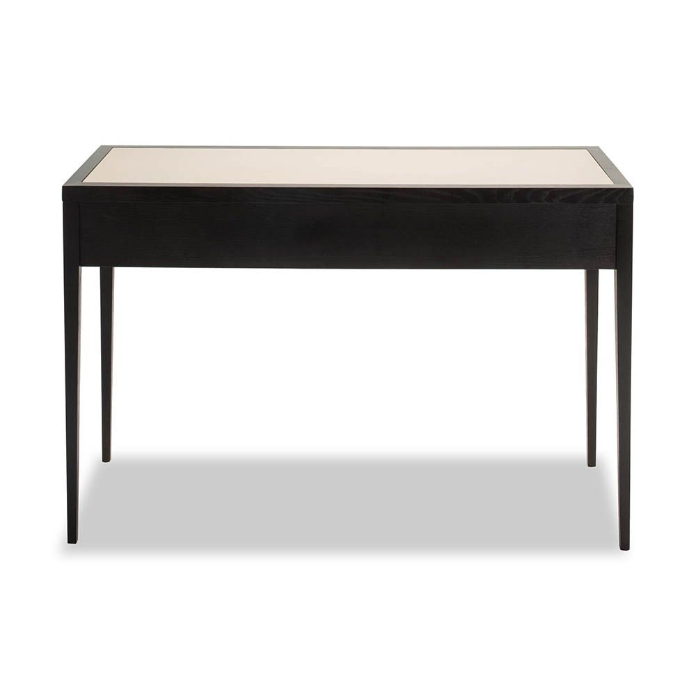 Faux leather top console table in neutral accented with wooden handles and tapered legs